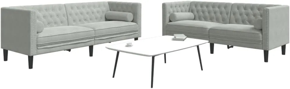Ensemble de canapés Chesterfield 2 pièces avec coussins gris clair, revêtement en velours