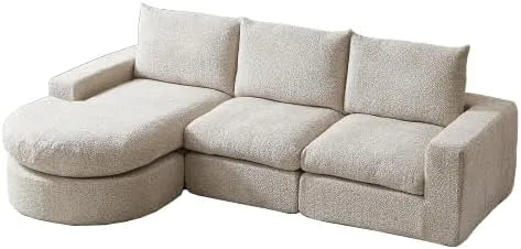 Canapé d'angle et canapé panoramique – modulaire, en chenille, format compact, 4 pièces, beige, avec fonction couchage