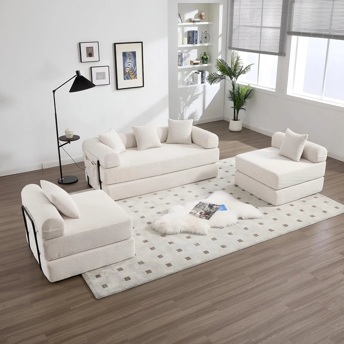 Canapé — DIY, en métal, en velours côtelé, convertible, avec coussins, 4 Places, beige