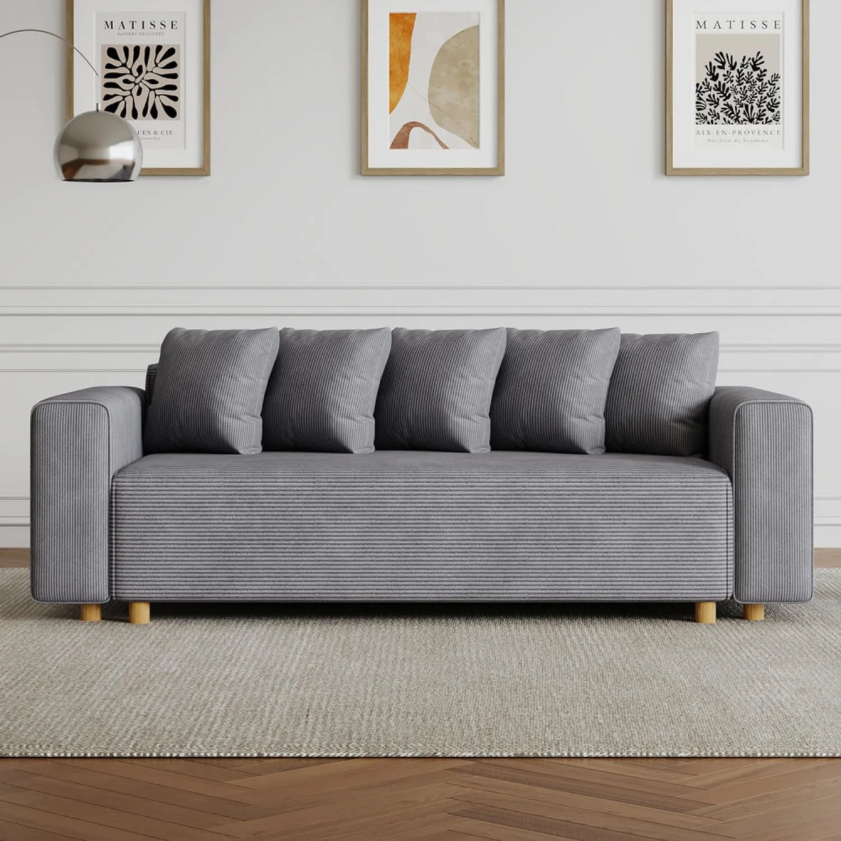 Canapé — USINE, en velours côtelé, en bois, convertible, avec coussins, 3 Places, 213 × 127 cm, en bois massif