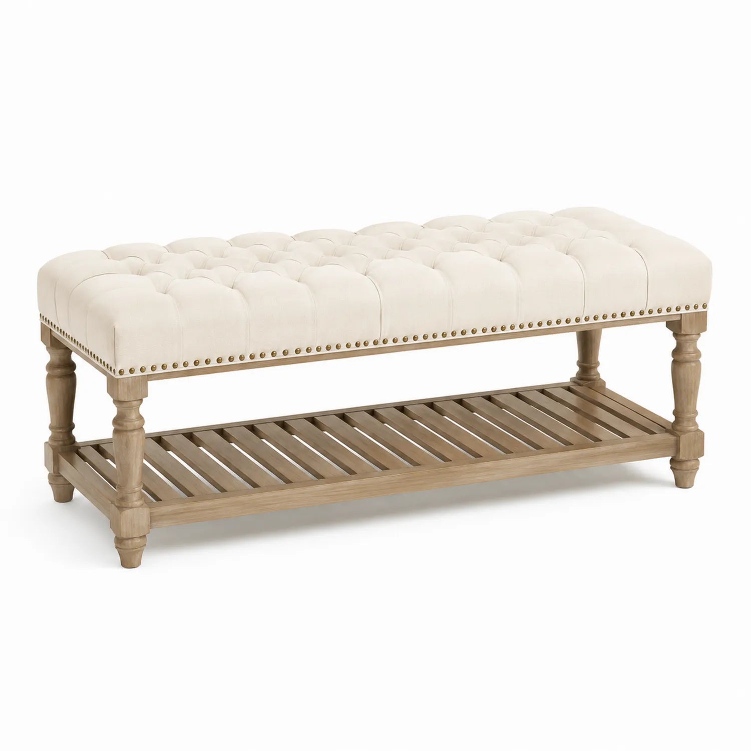 Banc rembourré en lin avec étagère en bois 120x40x45 cm