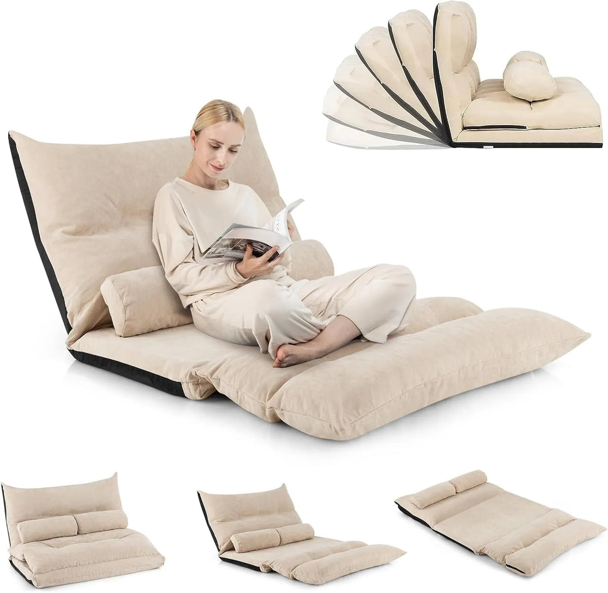 Chauffeuse 2 Personnes Pliable en Velours Glacé Dossier Réglable de — en métal, avec dossier, 150 KG, beige