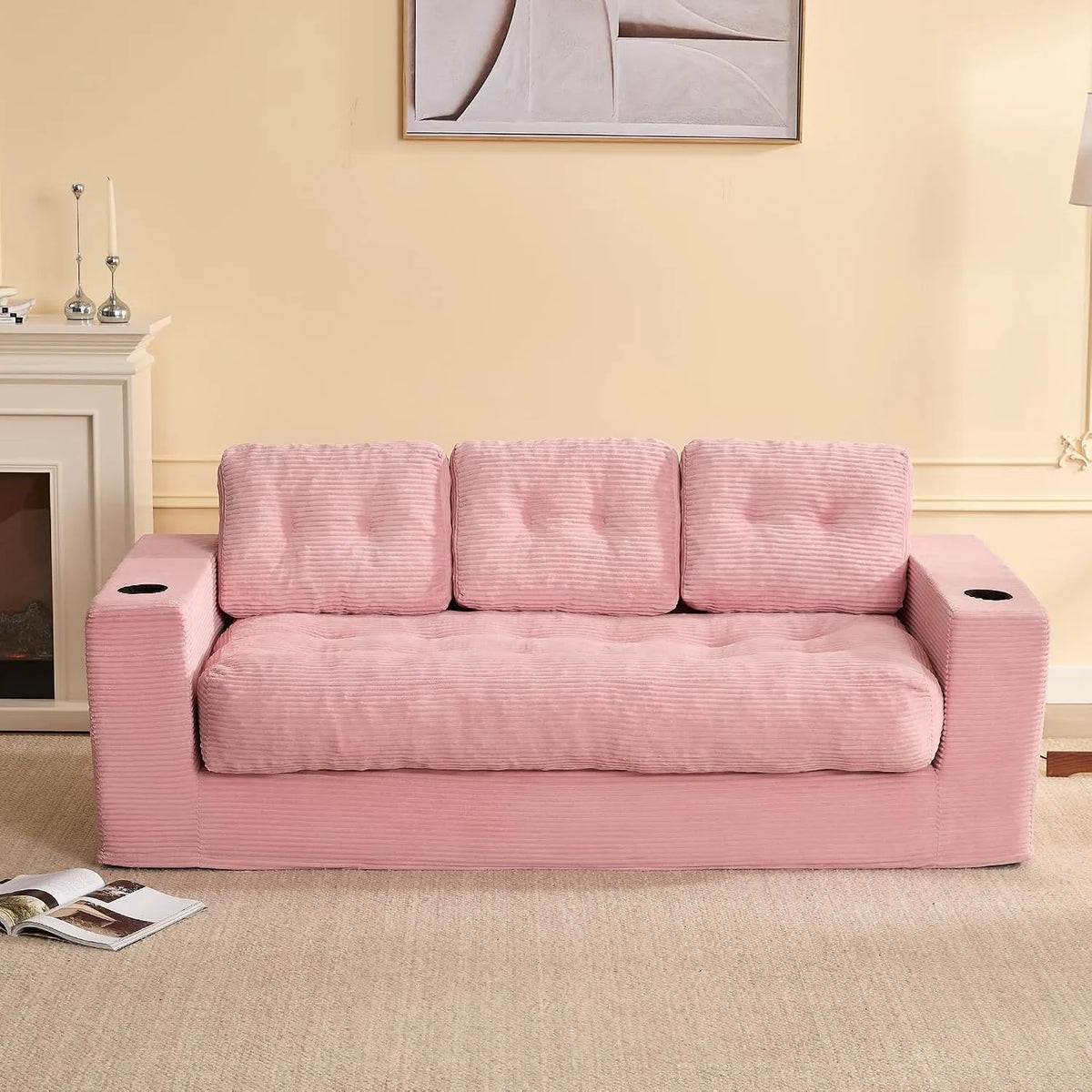 Canapé – revêtement en tissu, avec accoudoirs, avec coussins, 3Places, 190cm, rose, 3 places
