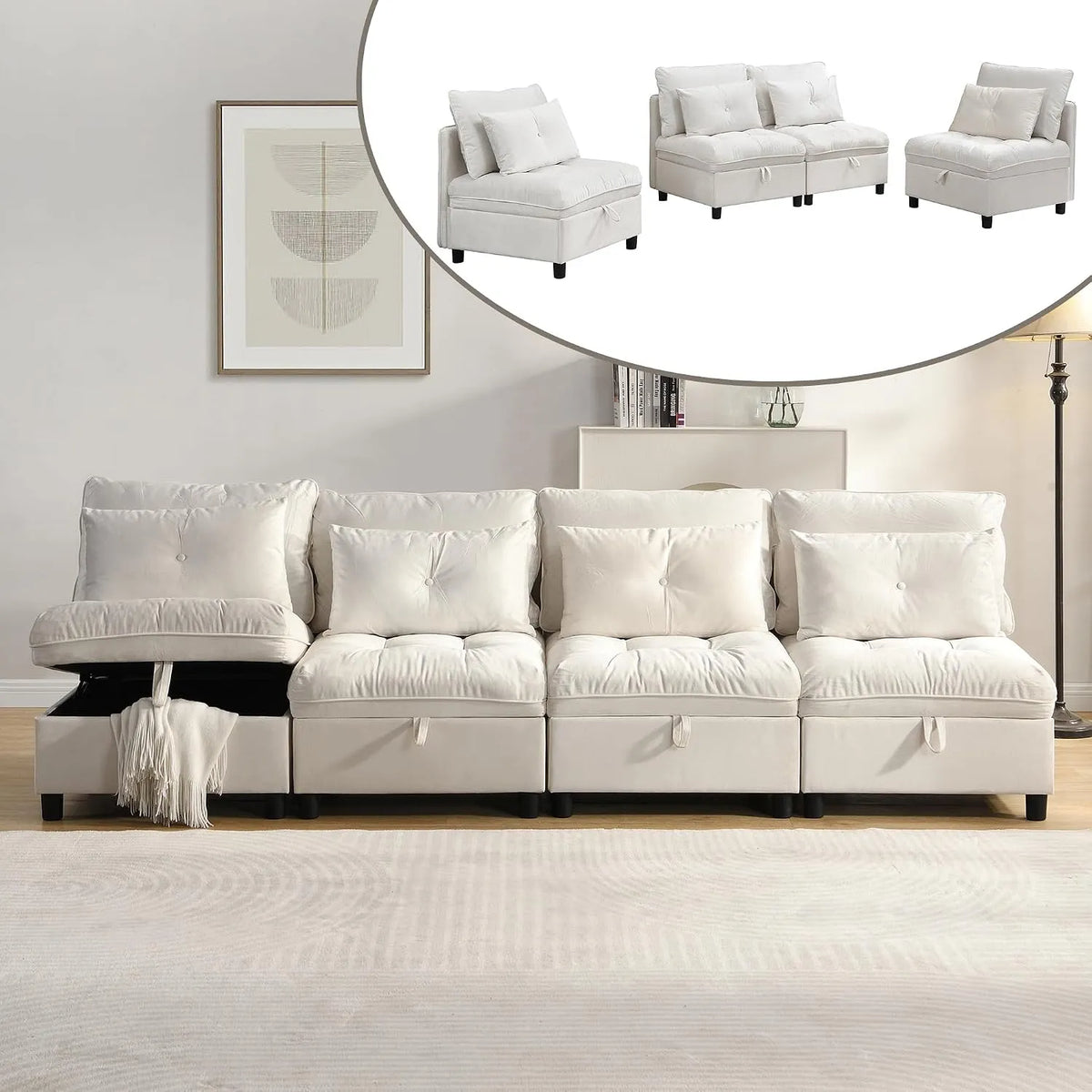 Canapé convertible et canapé-lit – modulaire, en chenille, avec rangement, 4 places, beige