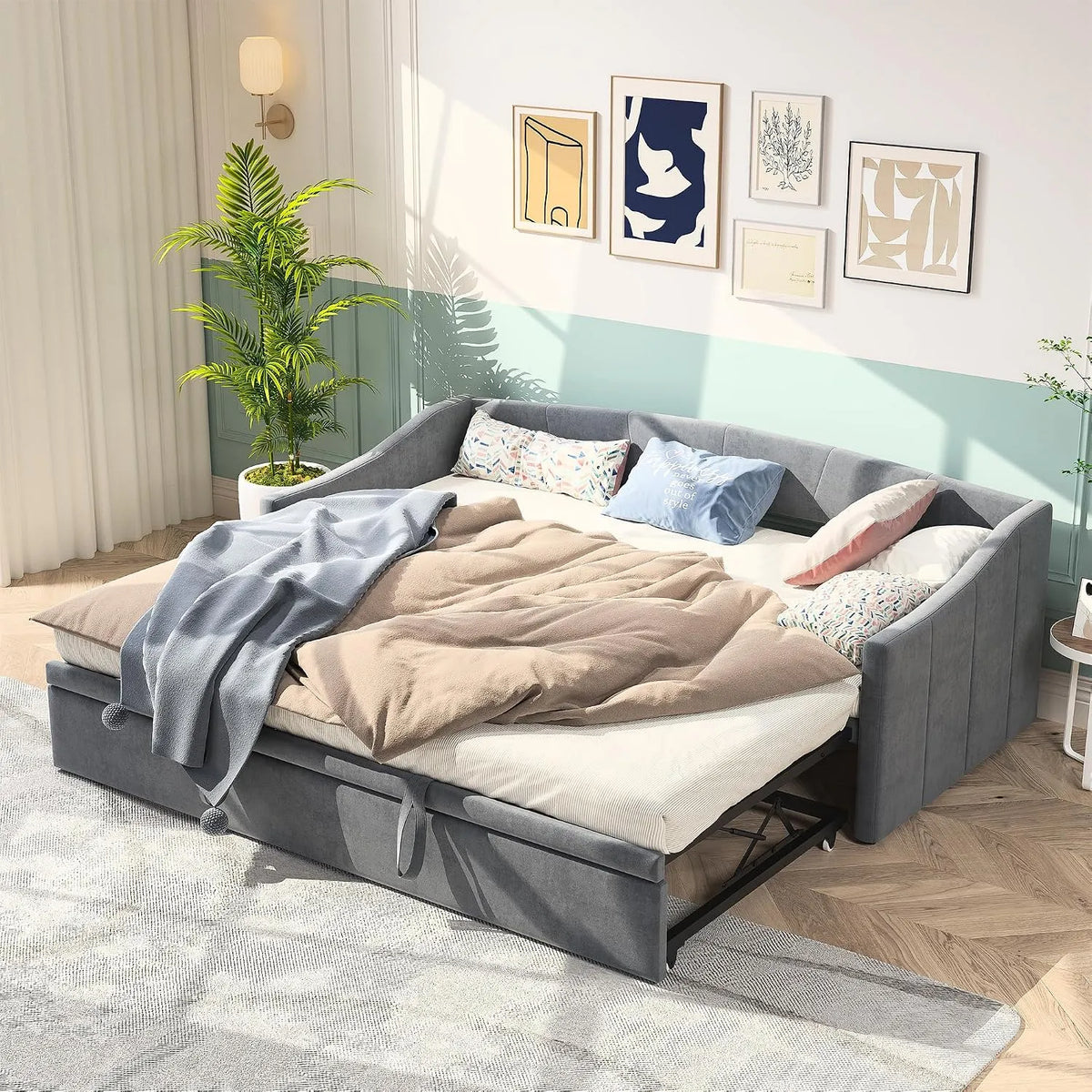 Canapé convertible et canapé-lit: revêtement en tissu, convertible, 2 Places, 180 × 200 cm, gris, extensible, revêtement en velours