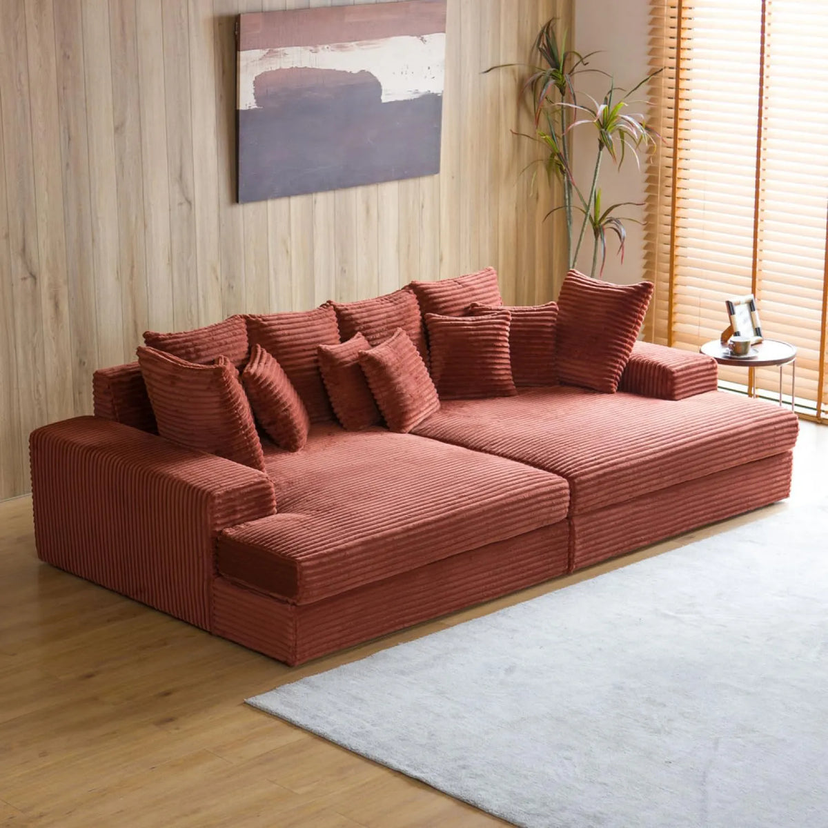 Canapé – USINE, assise profonde, en velours côtelé, en bois, avec coussins, 4 Places, en bois massif