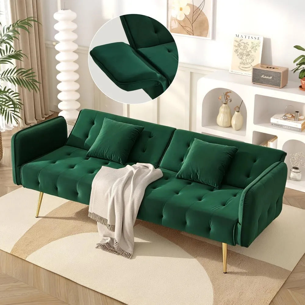 Canapé convertible et canapé-lit — revêtement en tissu, avec accoudoirs, avec dossier, réglable, 2 Places, vert, revêtement en velours