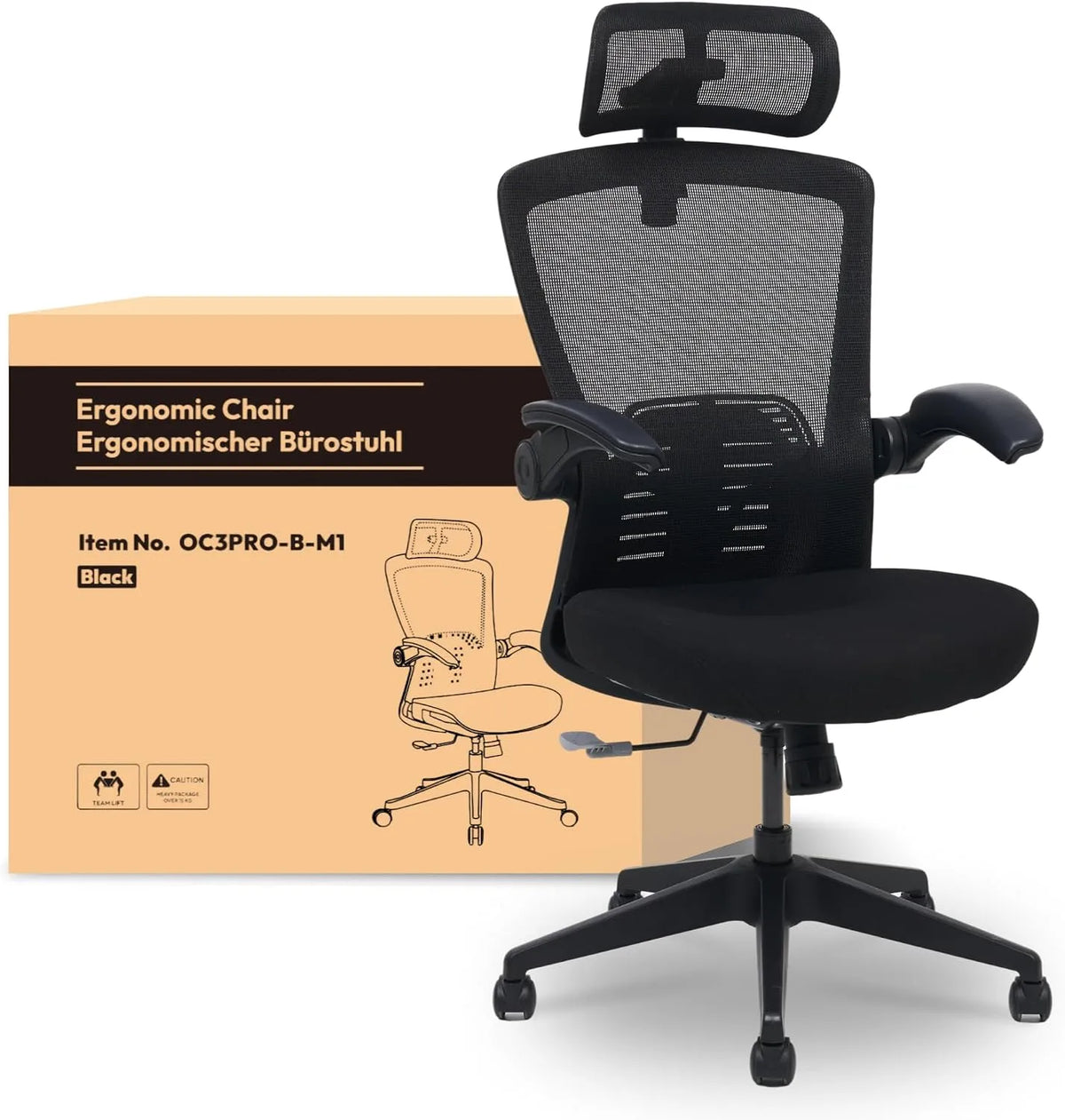 Bureau et table informatique – OC3, technologie 3D/4D, avec accoudoirs, avec dossier, réglable, 150kg, noir, FLEXISPOT OC3, hauteur réglable