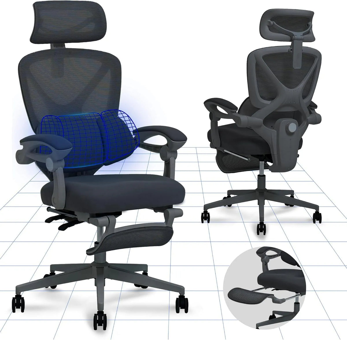 Bureau et table informatique – OC4, technologie 3D/4D, avec accoudoirs, réglable, aération en maille, noir, FLEXISPOT OC4, hauteur réglable