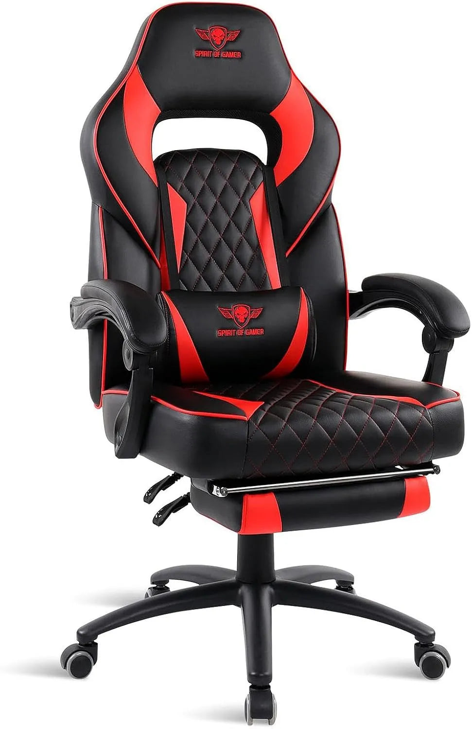 Chaise — en cuir, avec accoudoirs, avec coussins, pour gaming, rouge, inclinable