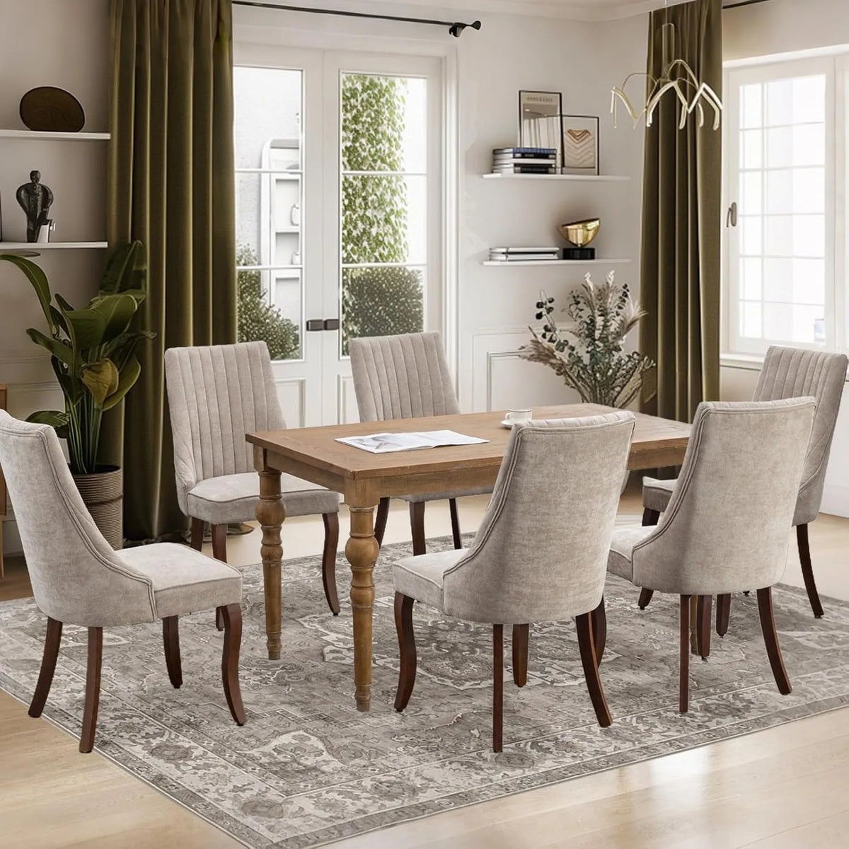 Chaise: en bois, avec dossier, Ensemble de 6, vert, en bois massif