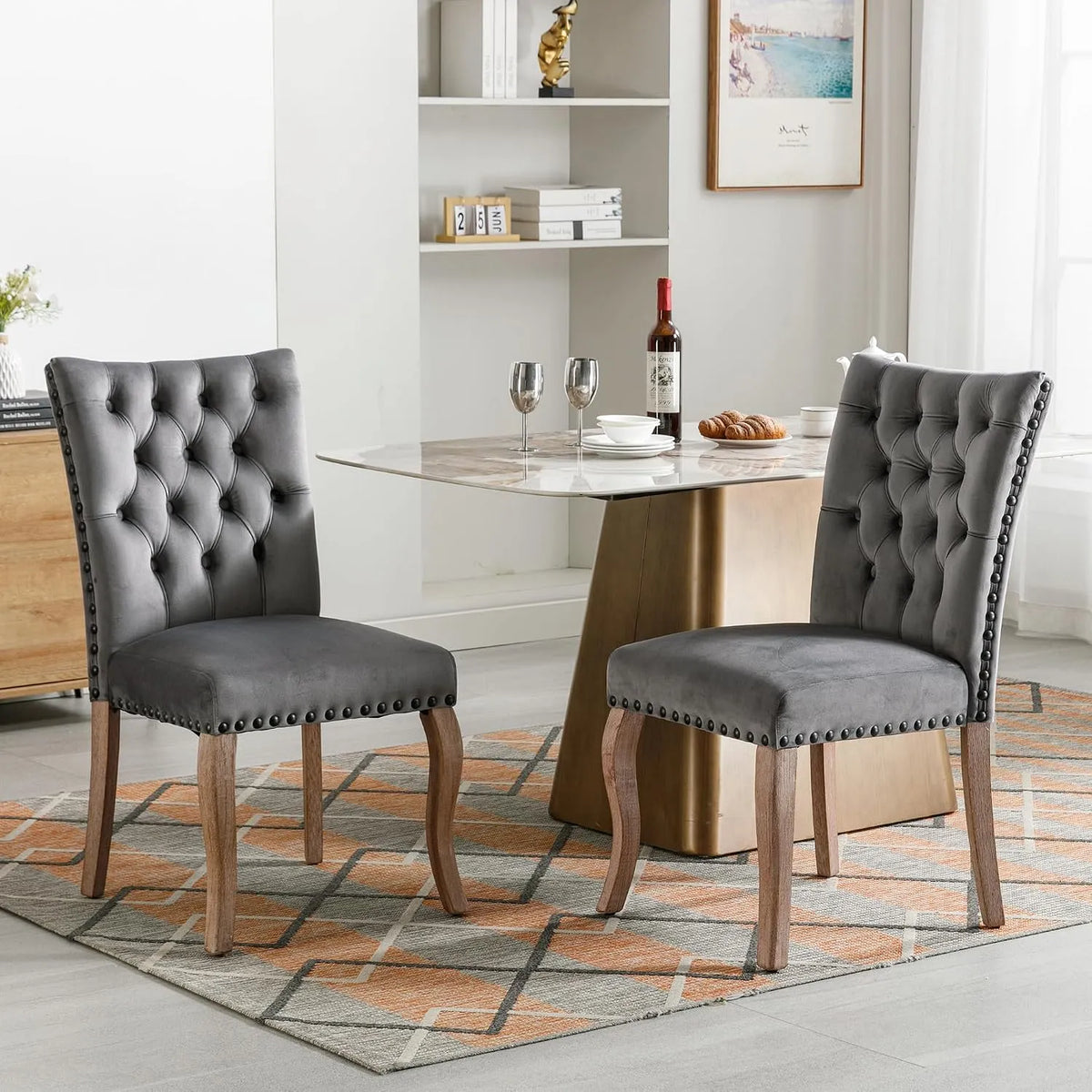 Chaise: en bois, Lot de 2, 150 kg, gris, en bois massif, revêtement en velours