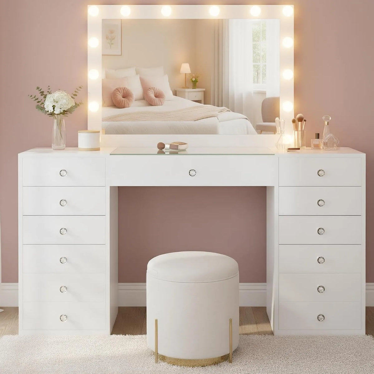 Coiffeuse et table de maquillage avec éclairage et Miroir 100x75 cm Attalla — USB-A, avec tiroirs, avec port USB, affichage LED, 100 × 75 cm, blanc