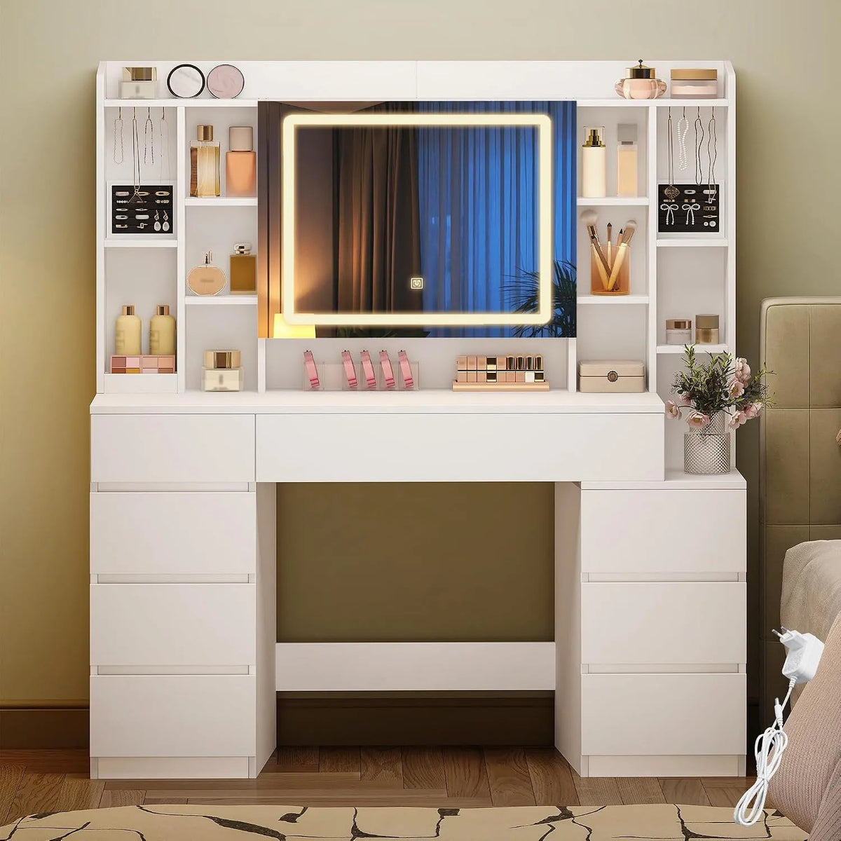 120 cm Coiffeuse et table de maquillage avec Miroir et Éclairage LED: avec tiroirs, avec étagères, réglable, affichage LED, 11 Étagères, 8 Tiroirs