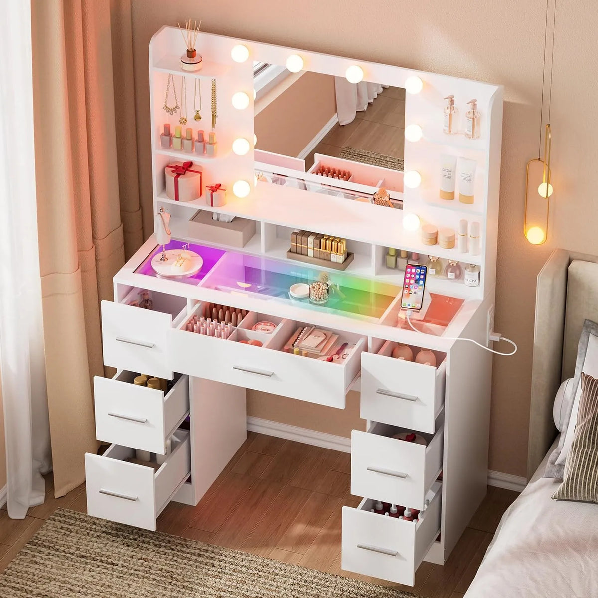 Coiffeuse et table de maquillage Lumineuse avec Miroir LED – en verre, avec rangement, avec port USB, réglable