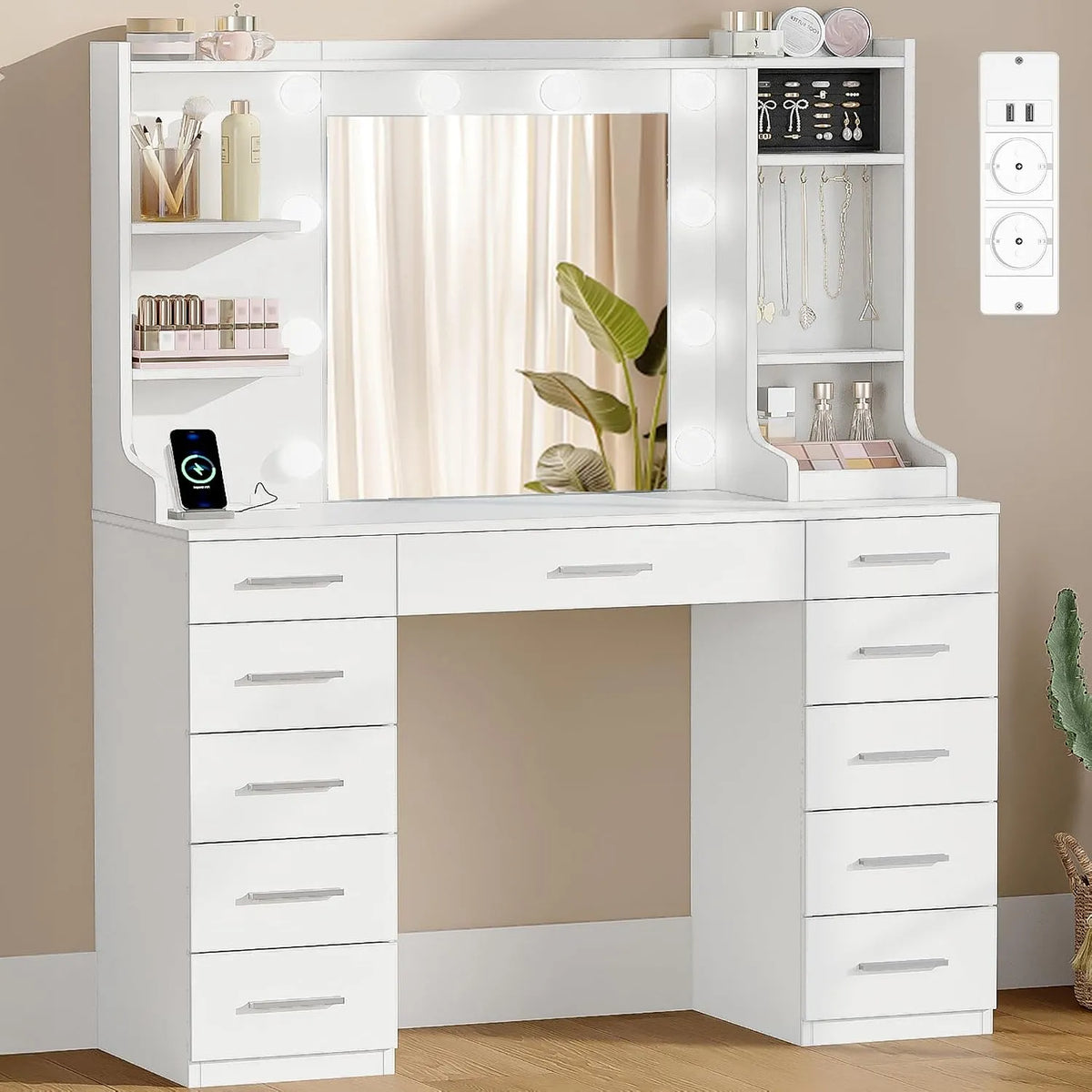 Hzuaneri Coiffeuse et table de maquillage avec éclairage LED Réglable — DT43303XEU, avec rangement, avec tiroirs, affichage LED, 11 Tiroirs, blanc