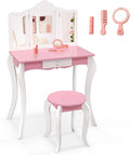 COSTWAY 2 en 1 Coiffeuse et table de maquillage Enfants avec Tabouret & Miroir Amovible – pour enfant, avec tiroirs, 30kg