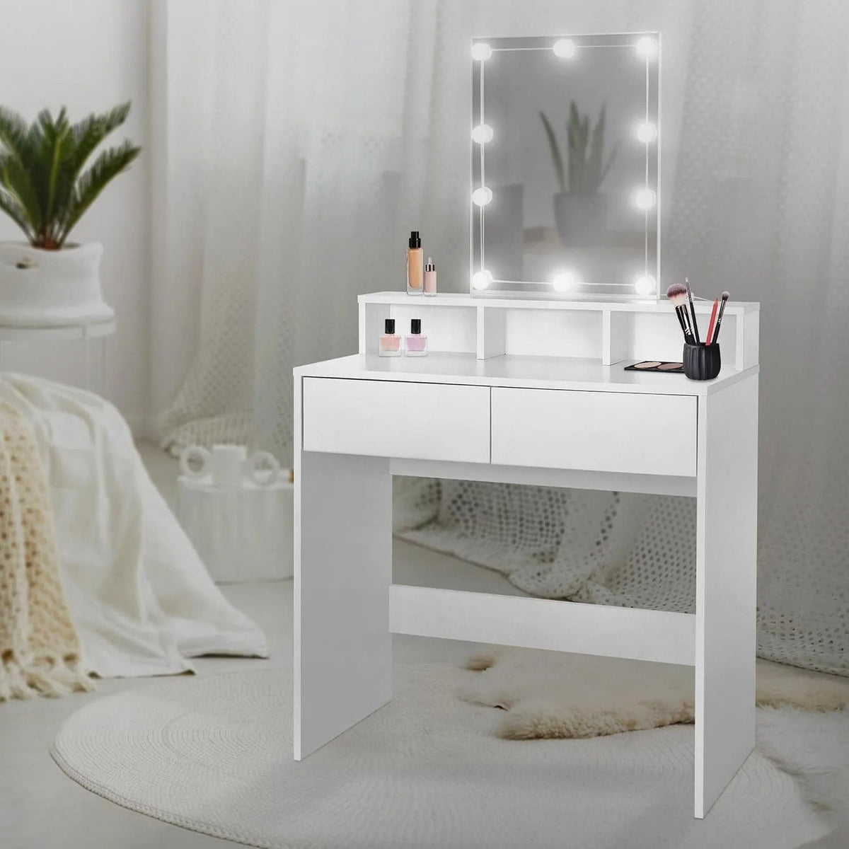 Design Coiffeuse et table de maquillage avec Éclairage LED: MDF, avec rangement, avec tiroirs, affichage LED, 2 Tiroirs, 80 × 40 × 140 cm, blanc