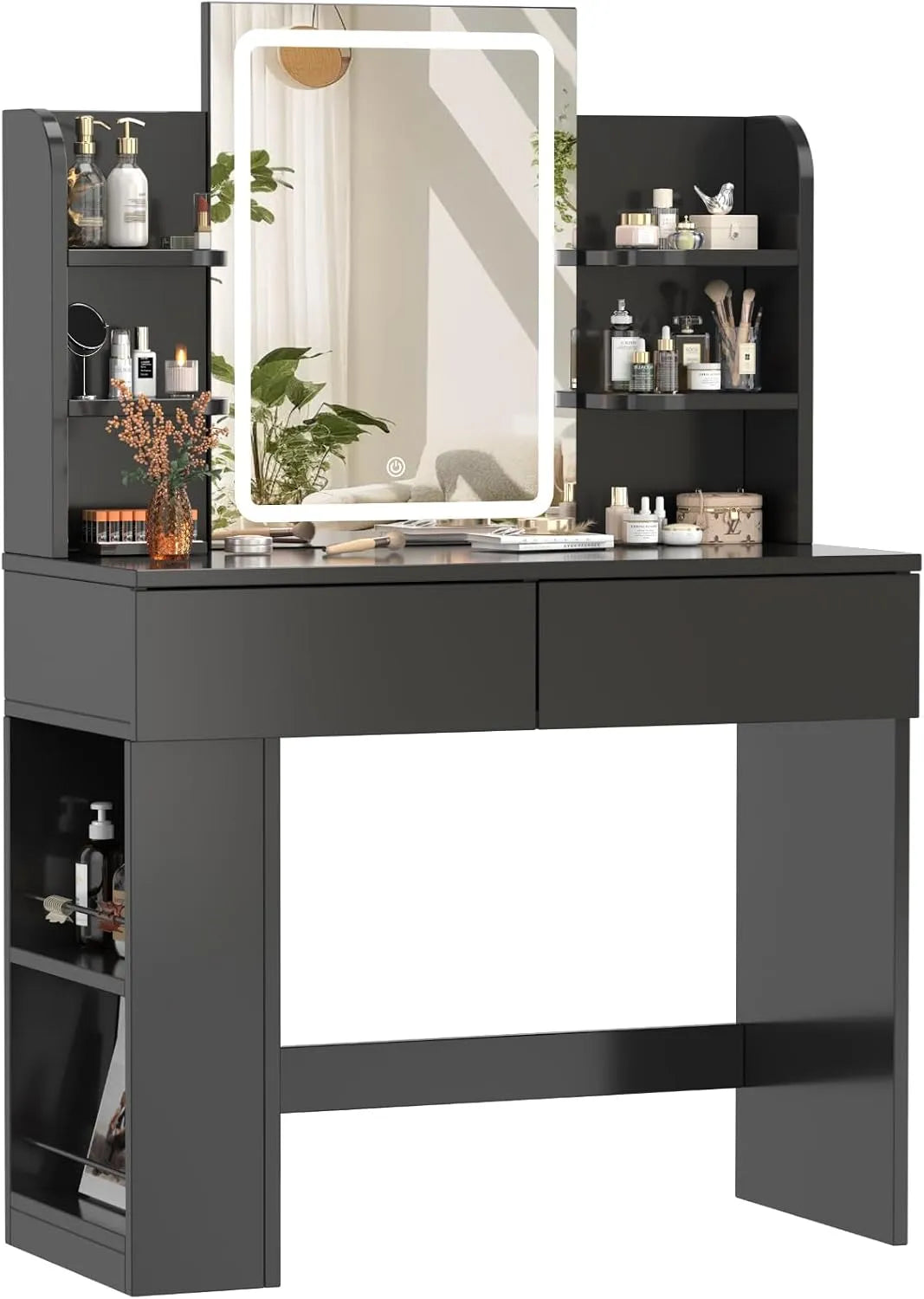 Devoko Coiffeuse et table de maquillage avec Miroir LED – pour enfant, avec rangement, avec tiroirs, avec étagères, 4 Étagères, 90 × 40 × 135cm, noir