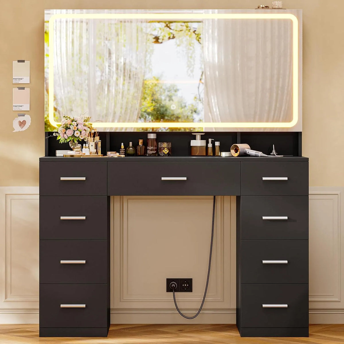 GrandeCoiffeuse et table de maquillage avec Miroir LED Grand Format: avec rangement, avec tiroirs, affichage LED, 9 Tiroirs, noir
