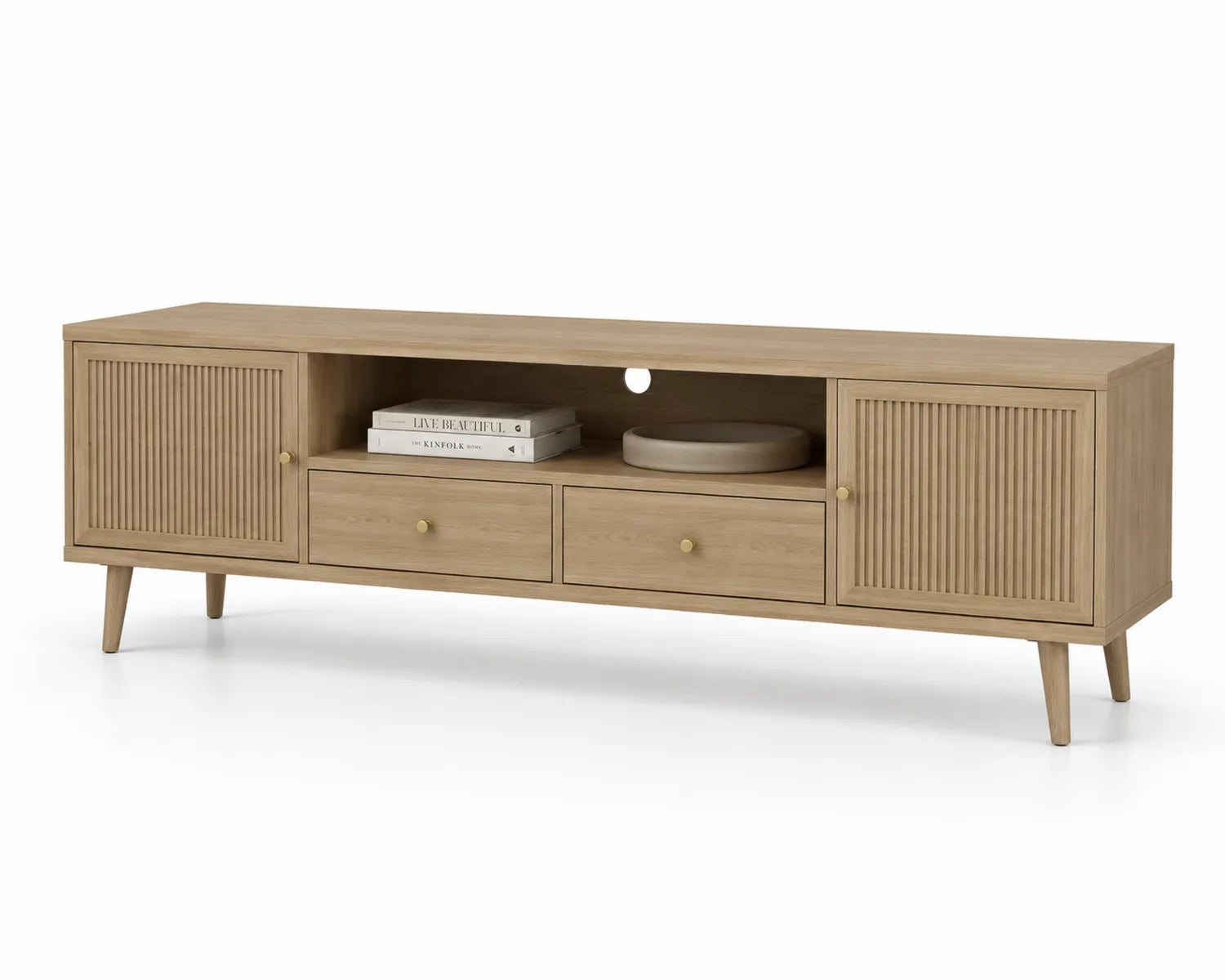 Meuble TV en Bois de Chêne Clair avec Portes et Tiroirs 180 cm