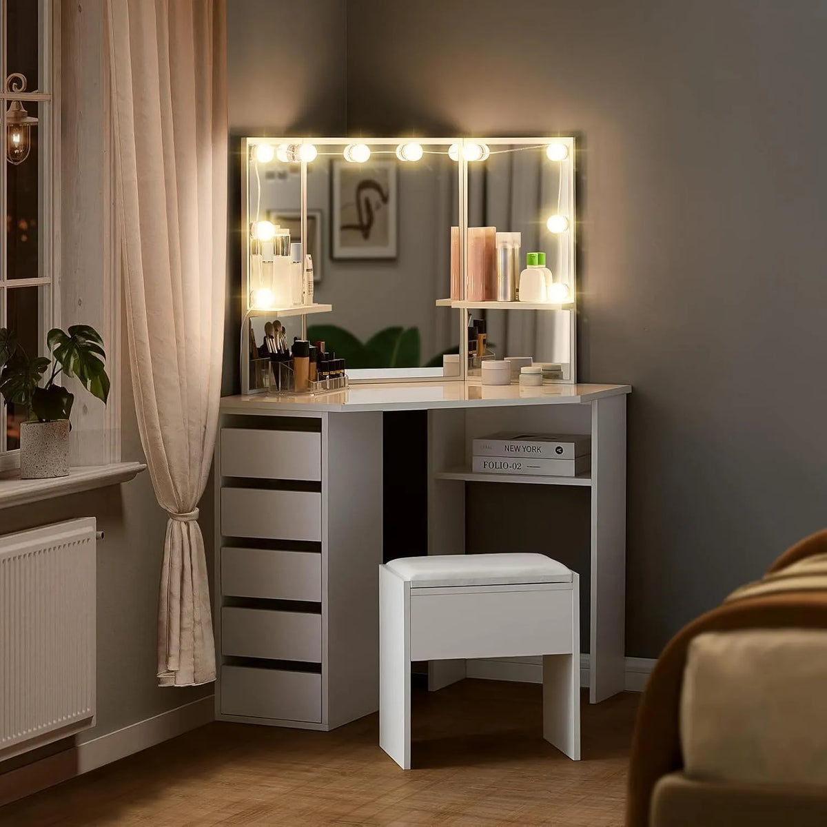 Coiffeuse et table de maquillage avec Miroir LED à Luminosité Réglable et 5 Tiroirs: en bois, avec rangement, avec tiroirs, 114 × 61 × 140 cm, blanc