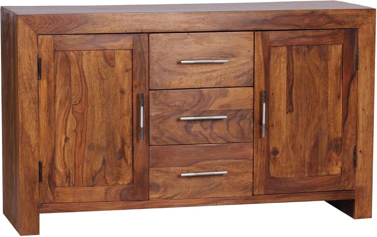 Buffet et meuble de rangement en bois massif Sheesham — avec tiroirs, 2 portes, 3 tiroirs, 118 cm, marron