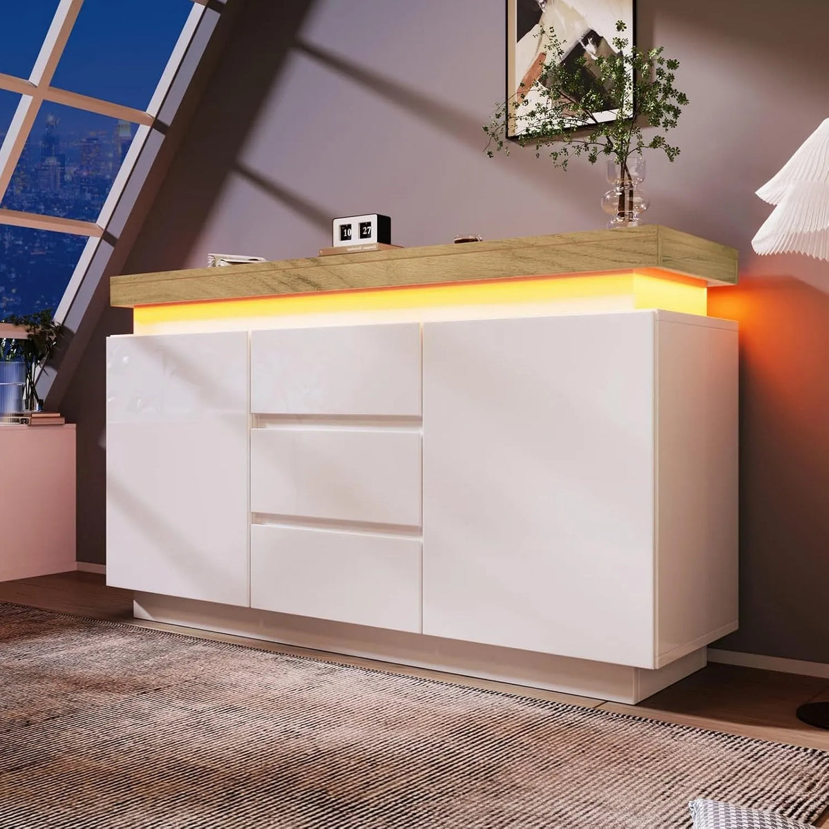 Armoire de rangement – avec rangement, avec tiroirs, affichage LED, 2 Portes, 3 tiroirs, 81 × 140 × 39 cm, blanc