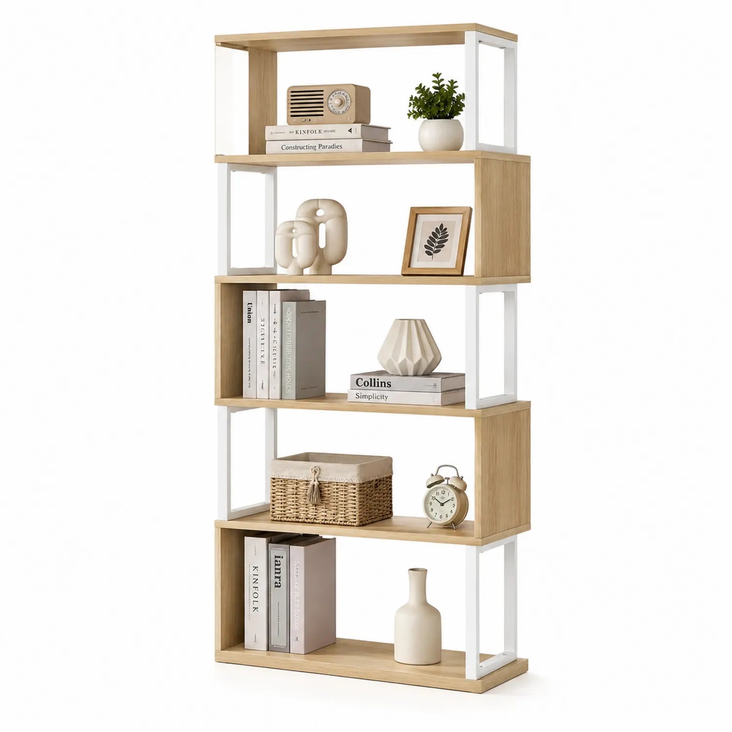 Étagère en bois MDF à 5 niveaux avec structure en métal blanc