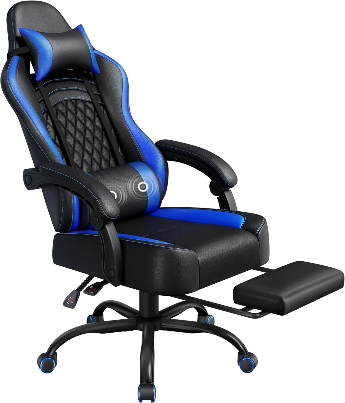 Bureau et table informatique: en cuir PU, avec dossier, pour gaming, réglable, bleu, inclinable, avec fonction massage