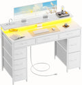 Bureau et table informatique: revêtement en tissu, avec rangement, avec tiroirs, avec port USB, 8 Tiroirs, 120 × 50 cm, blanc, avec éclairage LED