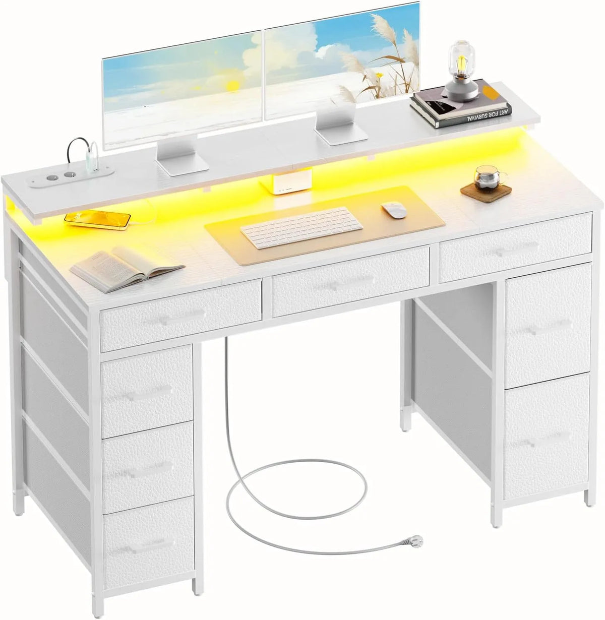 Bureau et table informatique: revêtement en tissu, avec rangement, avec tiroirs, avec port USB, 8 Tiroirs, 120 × 50 cm, blanc, avec éclairage LED