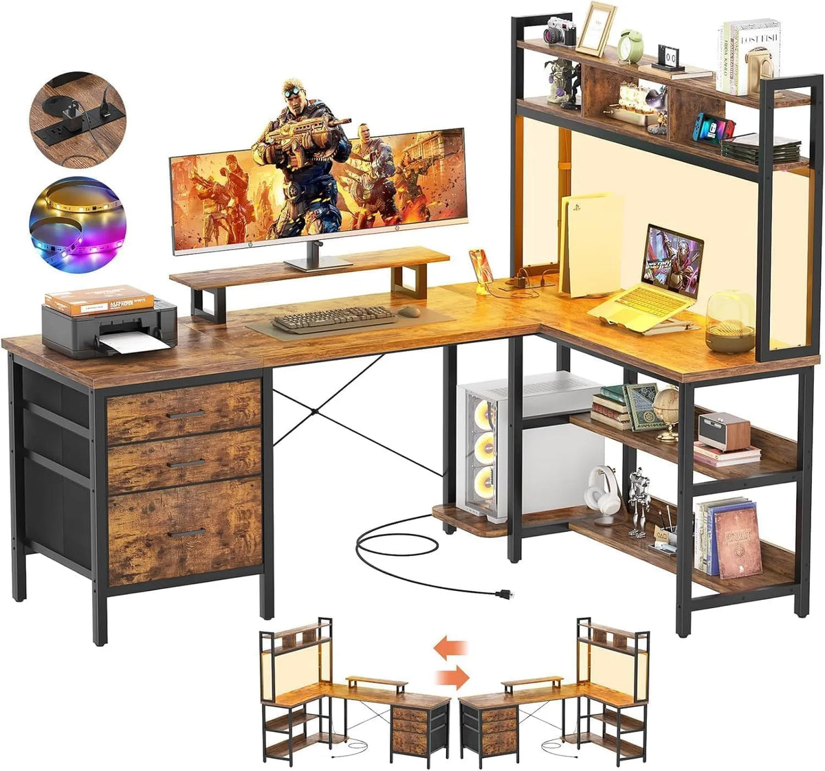 Bureau et table informatique — réversible, avec tiroirs, affichage LED, avec écran, marron