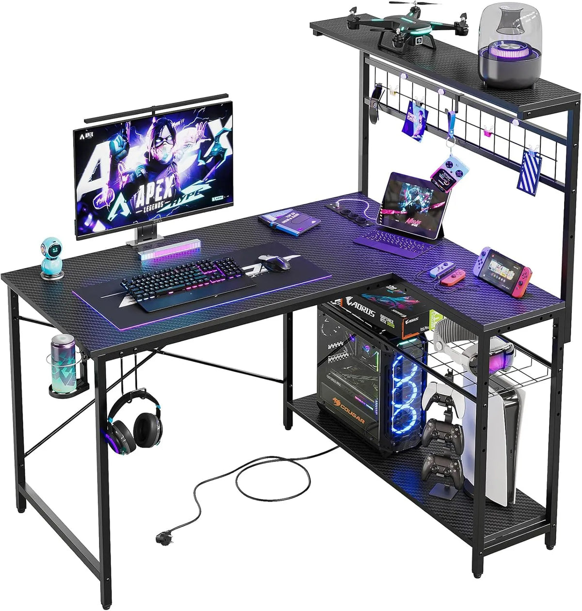 Bureau — réversible, format compact, avec Bibliothèque et étagère de rangements, affichage LED, 106CM, avec étagères