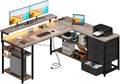 Bureau et table informatique – réversible, avec rangement, avec tiroirs, avec port USB, 135 × 110cm, gris, avec éclairage LED