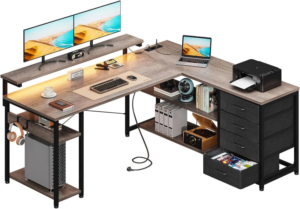 Bureau et table informatique – réversible, avec rangement, avec tiroirs, avec port USB, 135 × 110cm, gris, avec éclairage LED