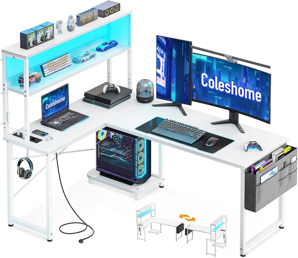 Bureau – réversible, avec rangement, avec Bibliothèque et étagère de rangements, pour gaming, 135 × 100 cm, blanc, avec étagères, avec éclairage LED