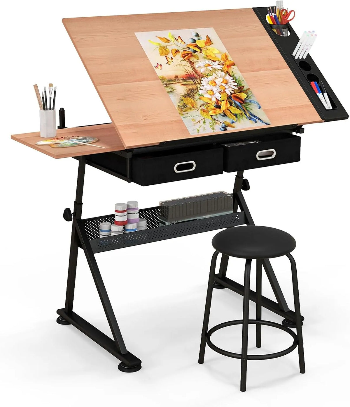 COSTWAY Bureau et table informatique – avec tiroirs, réglable, 61, 5 × 119, noir, inclinable