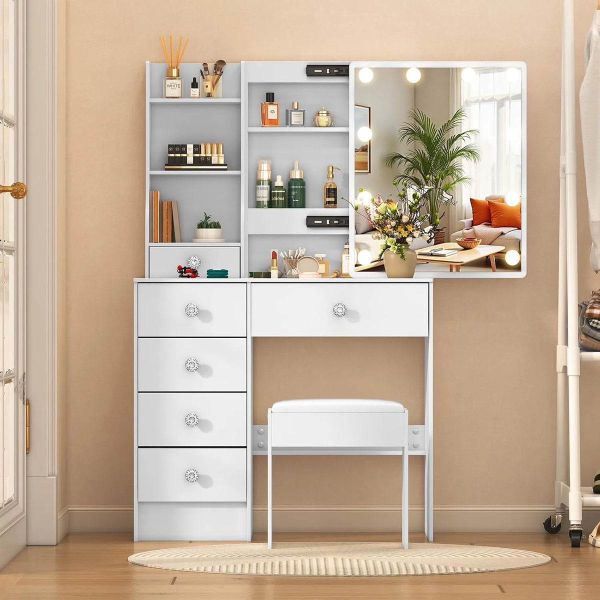 Coiffeuse et table de maquillage avec Miroir et Tabouret – pour enfant, avec rangement, avec tiroirs, réglable, 6 Tiroirs, 80 × 36 × 131cm, blanc