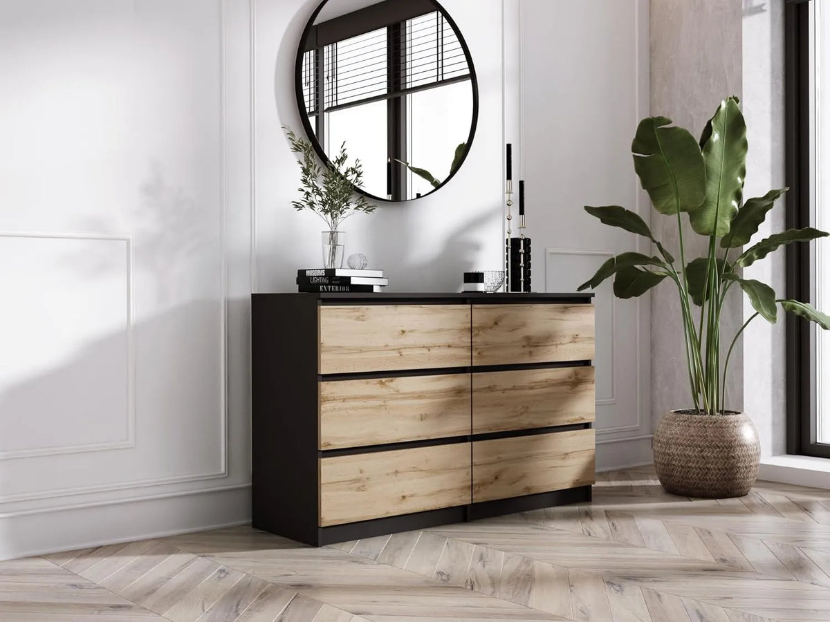 3E 3xE living.com Commode et meuble à tiroirs avec 6 tiroirs Noir & chêne – avec tiroirs, 120 cm, 79 cm, 39 cm