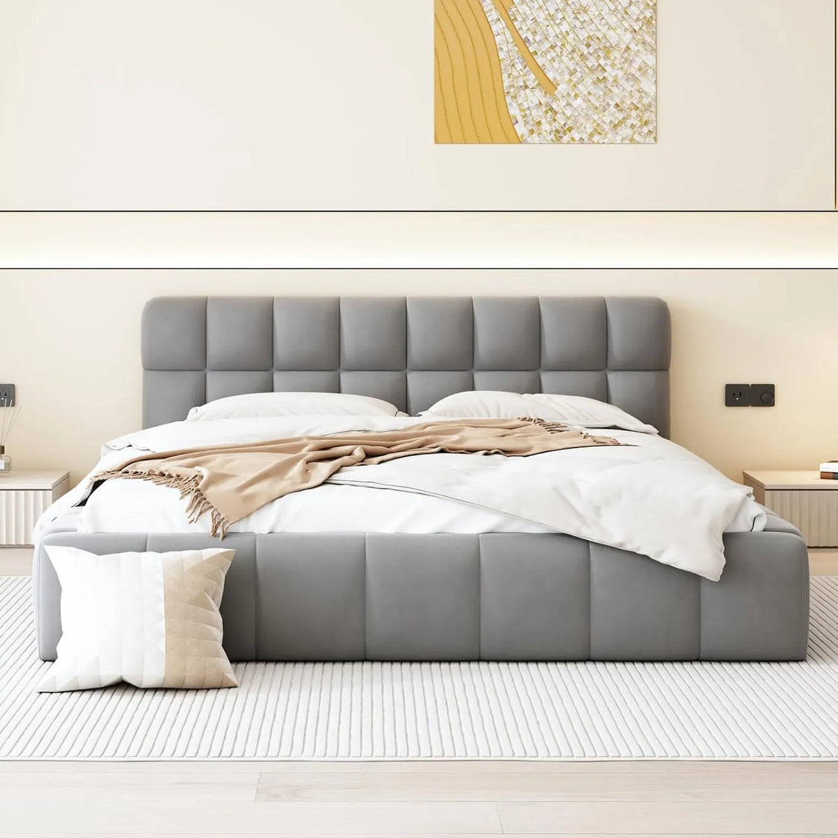 Lit Double Rembourré 140x190 cm – avec dossier, 140 × 190 cm, 4, 140 × 190, gris