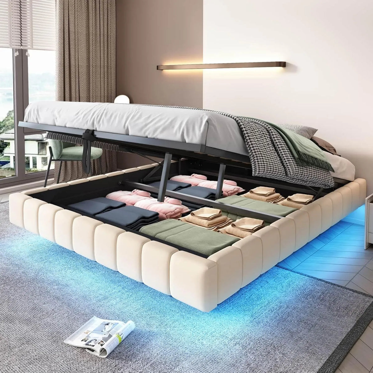 Lit Coffre 160x200cm Rembourré sans Tête — avec rangement, affichage LED, 160 × 200cm, beige