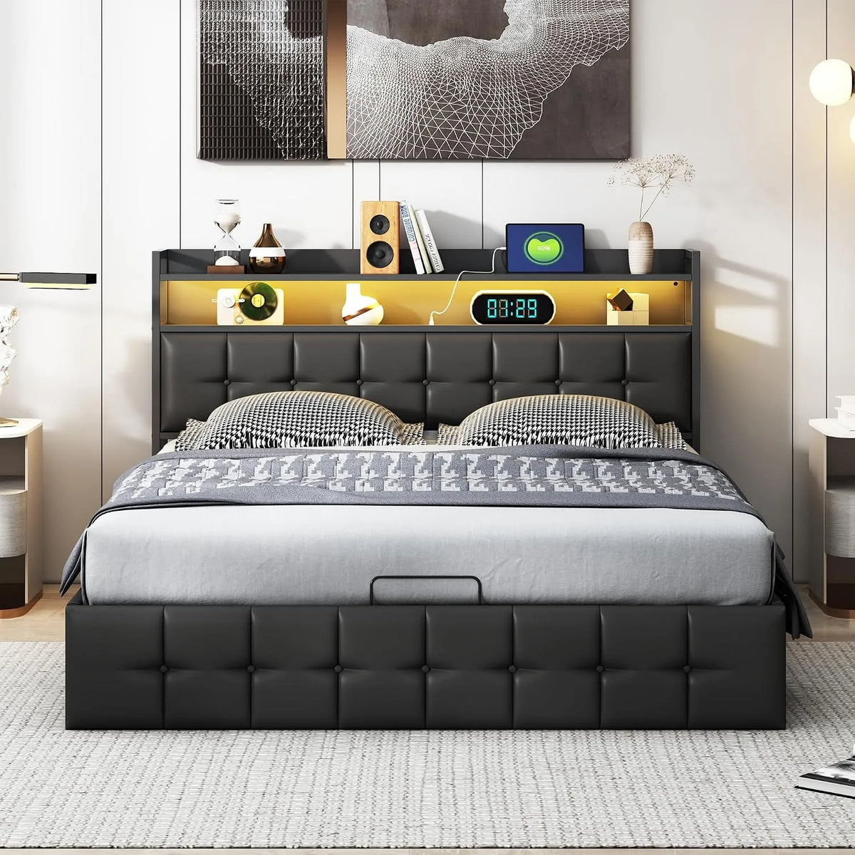 Lit 140x190 cm avec Rangement et éclairage LED – en cuir, avec port USB, affichage LED, 140 × 190 cm