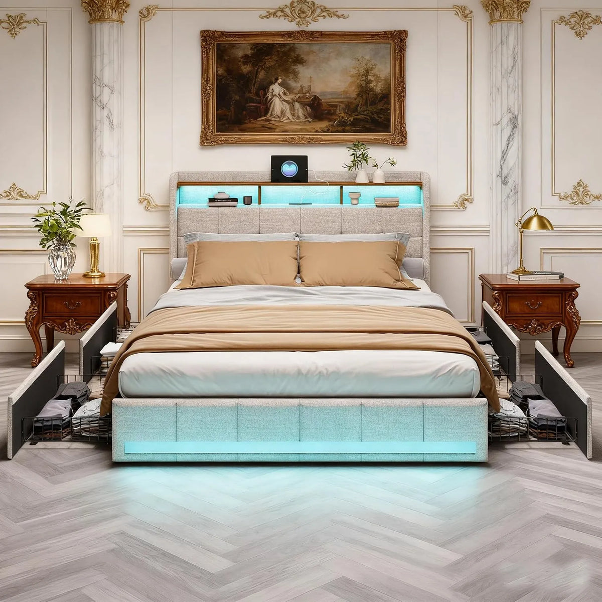 Lit 180x200 avec Sommier et LED: respirant, avec rangement, avec tiroirs, avec port USB, 4 Tiroirs, 180 × 200