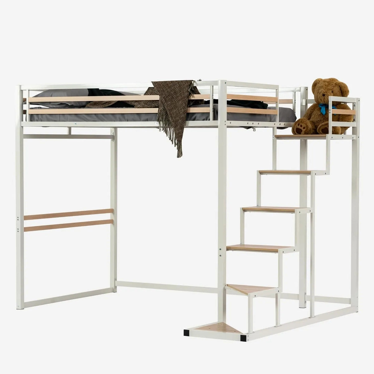 Meuble Cosy Lit Mezzanine 2 Places 140x200cm avec Sommier à – pour enfant, en métal, en bois, 140 × 200cm, blanc