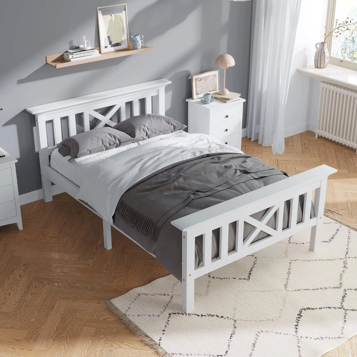 Lit Simple Bois Massif Pin 90x200 cm: en bois, 90 × 200 cm, blanc