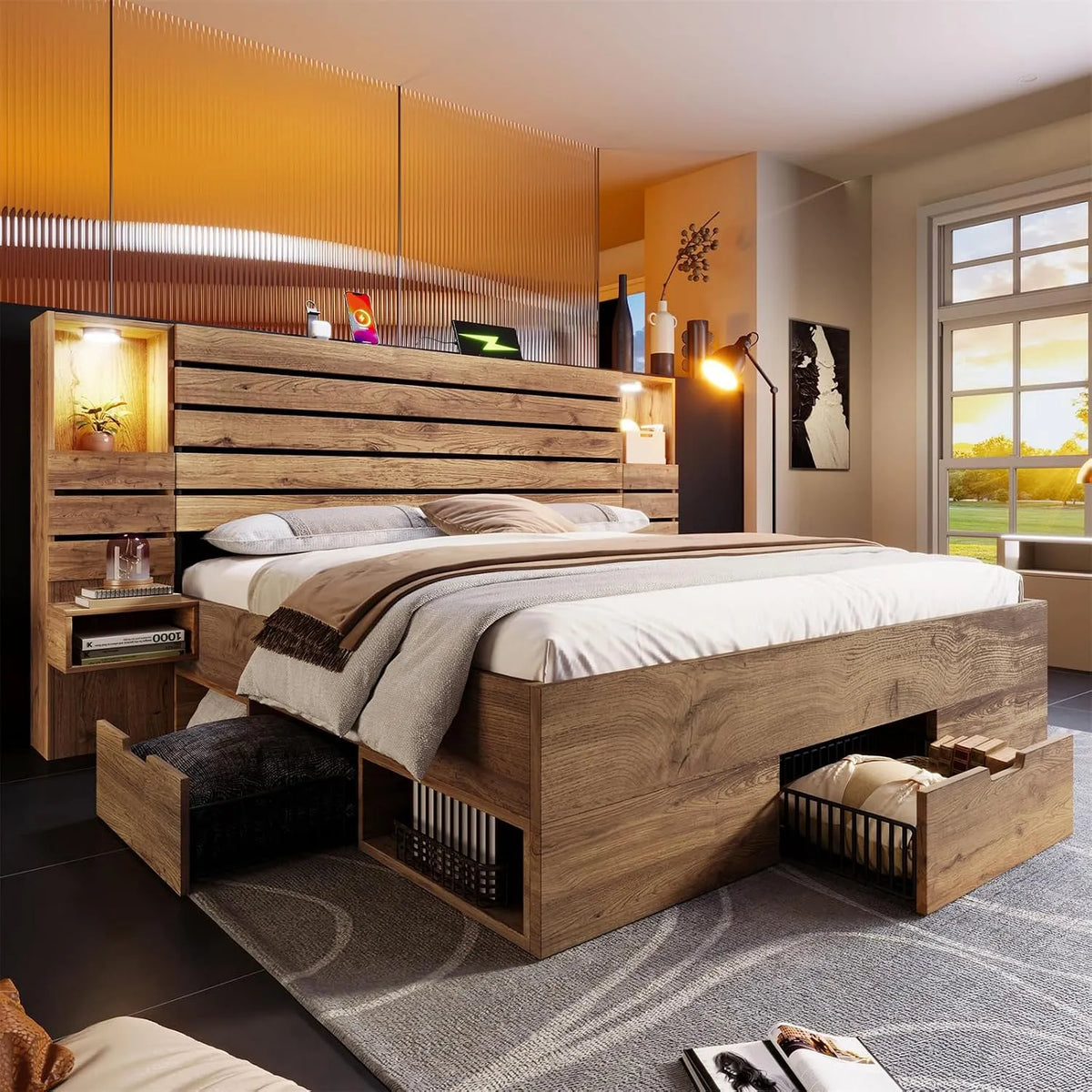 Lit double en bois: avec rangement, avec tiroirs, avec port USB, 160 × 200 cm, avec éclairage LED, revêtement en tissu