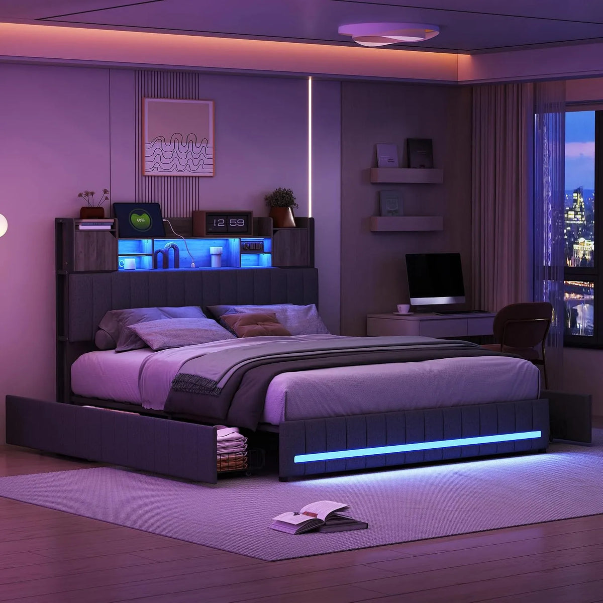 Lit 140x200 avec Sommier LED et USB: avec rangement, avec tiroirs, avec port USB, affichage LED, 4 Tiroirs, 140 × 200, 140 × 200 cm