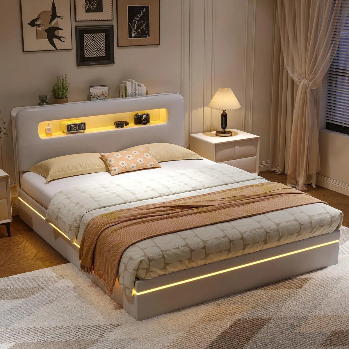 Lit Coffre 160 x 200 cm avec éclairage LED – avec rangement, affichage LED, 160 × 200 cm, beige, revêtement en velours