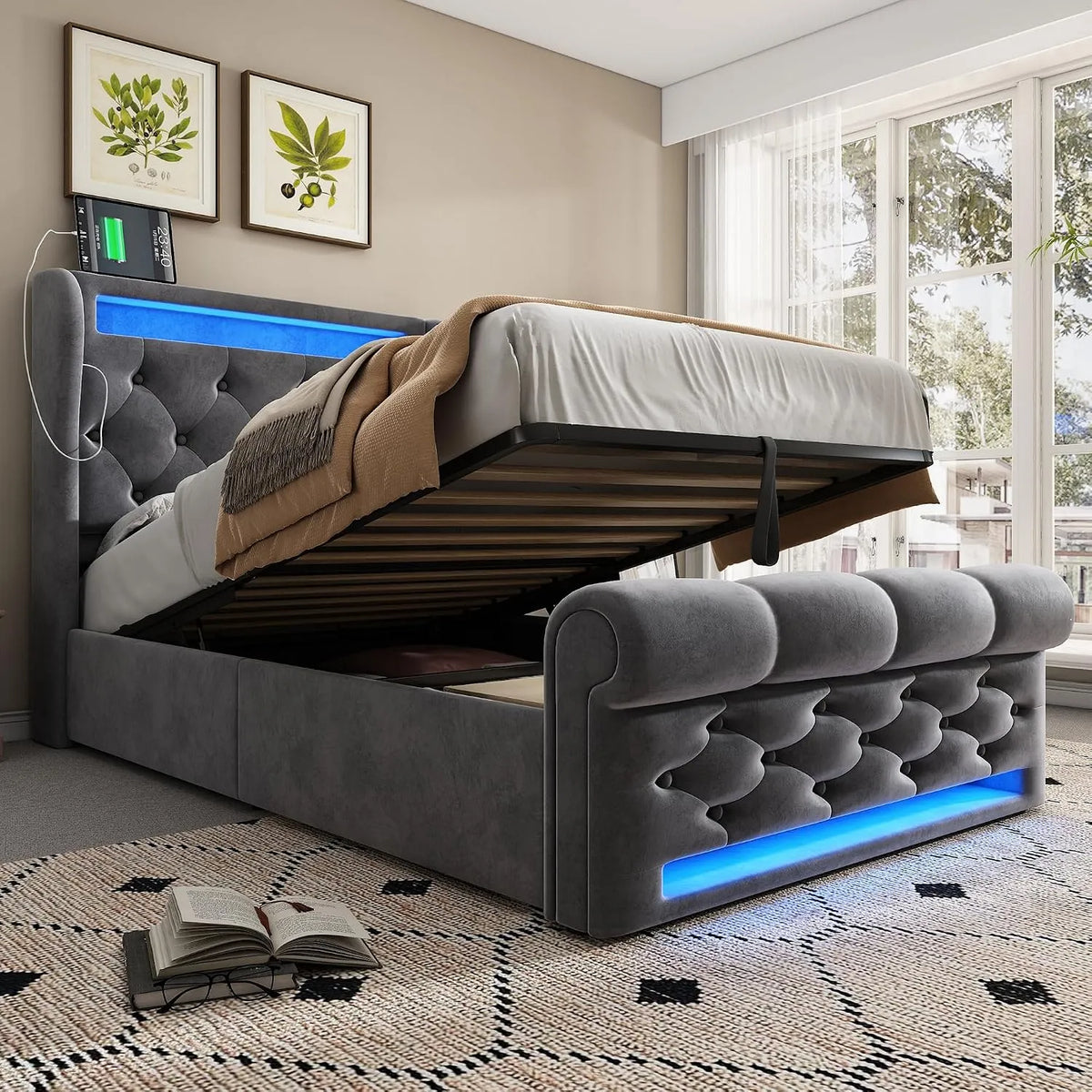 Lit simple rembourré à LED 90 x 200 cm avec: avec rangement, avec port USB, affichage LED, 90 × 200 cm, gris, revêtement en velours